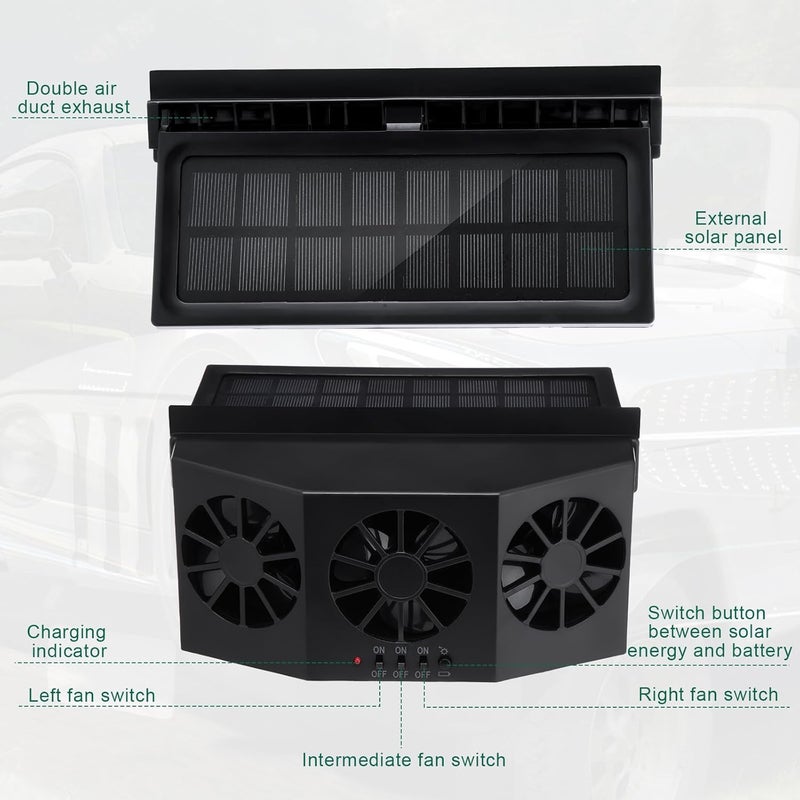 Tujoe 2 Pack Solar Powered Car Exhaust Fan 3 Fans Car Window 4500 RPM Air Vent Radiator Solar Energy Cooling Vent Exhaust for General Types(Solar 3 Fans,Black) - Image 3